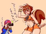  2girls animal_ears antenna_hair arc_system_works bare_shoulders belly blazblue blazblue:_continuum_shift blush bouncing_breasts breasts brown_eyes brown_hair camera clenched_fist clenched_hand crop_top female hair halter_top halterneck long_hair makoto_nanaya midriff miniskirt multicolored_hair multiple_girls nanaya_makoto navel orange_skirt red_hair revealing_clothes school_uniform shima_p shima_p_(jojo) short_hair simple_background skirt squirrel_ears squirrel_girl squirrel_tail tail tears text translation_request tsubaki_yayoi tubetop underboob 