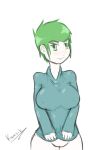 big_breasts blue_sweater breasts curvy dripping green_eyes green_hair hair kinky-k nipples original original_character shirt_pull short_hair smile soaked spiky_hair thick wet_clothes