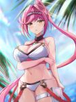  1girl alluring beach big_breasts bikini clouds core_crystal glimmer_(xenoblade) hairband karuushi looking_at_viewer midriff navel nintendo ocean outside pink_hair ponytail sky swimsuit thigh_pouch thigh_strap water white_bikini white_swimsuit xenoblade_(series) xenoblade_chronicles_3 yellow_eyes 