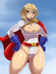  big_breasts blonde_hair blue_hair breasts dc lipstick power_girl solo sssonic2 