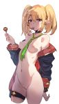 1girl between_breasts blonde bottomless bow_(bhp) breasts candy chloe_(princess_connect!) choker coat female_only female_solo food green_neckwear groin hair_between_eyes hair_tie hips holding holding_candy holding_food holding_object innie lollipop long_sleeves looking_at_viewer navel neck_tie necktie_between_breasts no_bra open_clothes open_coat paipan pointed_ears princess_connect! princess_connect!_re:dive purple_eyes pussy scrunchie short_hair simple_background sketch skindentation slender_waist small_breasts standing thigh_strap thighs tied_hair twin_tails uncensored white_background wrist_scrunchie