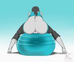 1girl anus artist_name ass ball barefoot capri_pants exercise_ball female_only from_behind kyder long_hair pants_pull ponytail pussy rear_view sitting soles solo spandex tank_top tiptoes trainer_(wii_fit) uncensored white_skin wii_fit wii_fit_trainer