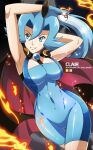  1girl abs alluring big_breasts blue_eyes blue_hair bodysuit clair clair_(pokemon) cleavage clothed clothing female_abs_visible_through_clothing female_only human human_only nintendo pokemon pokemon_gsc pokemon_hgss smile source_request text thick_thighs vivivoovoo watermark wide_hips 