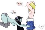  adventure_time big_breasts black_hair blonde_hair blush breasts clothes_grab cum dat_ass ejaculation erection fellatio finn_the_human grin hair hangers hanging hat headgear kinky-k marceline muscle nipples oral panties pants_down penis shiny smile socks teeth thought_bubble tongue underwear vampire white_background 