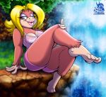  2011 4_toes bare_feet barefoot bedroom_eyes blonde_hair breasts candy_kong cleavage clothed clothing donkey_kong_(series) feet female foot_focus furry gorilla hair hindpaw lipstick looking_at_viewer nintendo paws plantigrade seththedragon shorts sitting smile soles solo taunt_shirt toes waterfall 