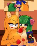  1boy 2_girls animal_ears big_breasts blonde_hair blue_eyes breasts cosmo_the_seedrian cosmo_the_seedrian_(adult) cute double_paizuri dreamcastzx1 flower furry green_hair licking long_hair multiple_girls nipples paizuri penis penis_lick phone smile sonic sonic_the_hedgehog zooey_the_fox 