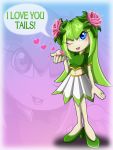  big_breasts blue_eyes blush breasts cosmo_the_seedrian cosmo_the_seedrian_(adult) flower green_hair looking_at_viewer sega smile solo sonic sonic_(series) text wink 