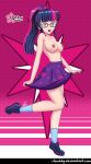 1_girl 1girl bespectacled breasts clouddg equestria_girls female female_only friendship_is_magic glasses humanized long_hair looking_at_viewer my_little_pony no_bra partially_clothed ponytail skirt socks solo standing standing_on_one_leg topless twilight_sparkle twilight_sparkle_(mlp) 