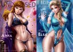  1girl 2_girls abs alluring anna_(frozen) bare_shoulders belly big_breasts big_breasts blonde_hair blue_eyes bra braid braided_hair breasts cape choker cleavage clothing_cutout dandon_fuga disney elbow_gloves elsa_(frozen) female_abs female_only frozen_(movie) ginger_hair hourglass_figure legs leotard lingerie long_hair looking_away looking_to_the_side magazine_cover magic panties pants_pull partially_clothed red_hair royal_slut sisters small_panties smile thick_thighs thighs toned toned_female wide_hips 