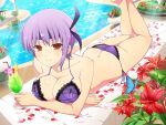  1girl alluring ass ayane ayane_(doa) bangs bare_arms bare_shoulders big_breasts bikini blush breasts bug butt_crack butterfly cleavage cocktail day dead_or_alive dead_or_alive_xtreme drink feet_up flower glint hairband headband high_res holding holding_drink insect kunoichi legs_up looking_at_viewer lying official_art on_stomach outside petals pool poolside purple_bikini purple_hair red_eyes red_flower senran_kagura senran_kagura_new_link short_hair swimsuit tecmo the_pose voluptuous yaegashi_nan 
