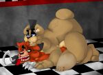  2015 2boys 3_fingers anal anal_sex animatronic anthro anthro_on_anthro barefoot bear blue_eyes bow bow_tie brown_body brown_fur canine chubby eye_patch eyewear five_nights_at_freddy&#039;s fox foxy_(fnaf) freddy_(fnaf) frots fur gay golden_eyes half-closed_eyes hat hook hook_hand inside licking_hair long_tongue looking_down machine male male/male male_penetrated male_penetrating male_penetrating_male mammal nude on_floor on_top open_mouth orgasm orgasm_face penetrated penetration pirate red_body red_fur robot sex sharp_claws sharp_teeth short_tail smile teeth thick_tail tongue tongue_out video_games yaoi 