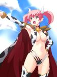  1girl areola_slip areolae armpits bell breasts brown_eyes cape cleavage cloud cow_bell cow_horns cow_print earrings hand_on_hip hataraku_maou-sama! highres horns jewelry large_breasts open_mouth pink_hair pointing pointy_ears sasaki_chiho short_hair short_twintails shoulder_pads sky solo suzu-batsu suzume_(pixiv2138484) twintails 