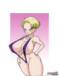 1girl android_18 animated areola_slip areolae big_breasts blonde_hair blue_eyes blush breasts cameltoe clothed clothes clothing completely_nude completely_nude_female cowboy_shot dragon_ball earrings female female_only gif hand_on_hip highres looking_at_another necklace nipples nude on/off one-piece_swimsuit open_mouth pearl_necklace piercing pussy riffsandskulls short_hair slideshow sling_bikini solo swimwear thick_thighs wide_hips