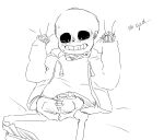 1boy 2020s 2021 animated_skeleton black_and_white blush_lines bottom_sans bottomless english_text grabbing_sheets gripping_sheets hooded_jacket hoodie jacket looking_down male male_only monster pants_around_one_leg pixiv_id_3871107 sans sans_(undertale) skeleton sketch solo solo_male submissive sweat tears text uke_sans undead undertale undertale_(series) white_background