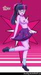  1girl bespectacled breasts clouddg equestria_girls female_only friendship_is_magic glasses long_hair looking_at_viewer my_little_pony no_bra partially_clothed ponytail skirt socks standing standing_on_one_leg topless twilight_sparkle twilight_sparkle_(mlp) 