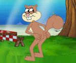  1girl 1girl anus ass cheeks furry looking_at_viewer mammal naughty_face nickelodeon nude on_back presenting_ass sandy_cheeks seductive_smile sexy_pose smile smiling_face spongebob_squarepants spread_anus squirrel tail teeth 