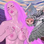  1_female 1girl breasts owl pink_hair tagme topless 