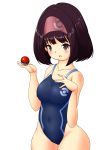1girl black_hair blue_swimsuit brown_eyes competition_swimsuit covered_navel cowboy_shot creatures_(company) erect_nipples erika_(pokemon) game_freak gym_leader hairband highleg highleg_swimsuit highres humans_of_pokemon looking_at_viewer nintendo one-piece_swimsuit open_mouth pale_skin poke_ball pokemon pokemon_(anime) pokemon_(game) pokemon_red_green_blue_&amp;_yellow pokemon_rgby porkyman purple_hair short_hair simple_background sneezy_(artist) solo swimsuit thick_thighs thigh_gap thighs white_background wide_hips