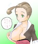 1girl areolae breast_slip breasts brown_hair cleavage green_eyes huge_breasts nipple_slip nipples one_breast_out pansy_(pokemon) pokemon translation_request umikusa
