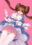  1girl blue_eyes blush breasts brown_hair double_bun gloves highres large_breasts long_hair looking_at_viewer mei_(pokemon) nintendo nipples no_panties pink_background pokemon pokemon_(game) pokemon_bw2 pussy ririko_(zhuoyandesailaer) simple_background solo tears thighhighs twintails uncensored white_legwear zhuoyandesailaer 