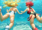  1girl 2_girls artist_name ass back bangs bare_shoulders black_one-piece_swimsuit blonde_hair breasts circlet closed_mouth clothed commission competition_swimsuit dat_ass earrings female_only high_heels high_res jewelry long_hair looking_at_viewer medium_hair multiple_girls mythra nintendo ocean one-piece_swimsuit pyra red_eyes red_footwear red_hair shouhei sideboob smile swimming swimsuit underwater white_footwear white_one-piece_swimsuit xenoblade_(series) xenoblade_chronicles_2 yellow_eyes 