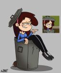  1girl aged_up autart breasts brown_hair fully_clothed grey_background light-skinned_female nickelodeon older sid_chang sitting smile the_loud_house trash_can 