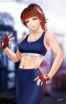  1girl alluring artist_name athletic_female bangs bare_arms bare_shoulders big_breasts blue_pants blurry blurry_background breasts brown_eyes brown_hair cleavage commentary_request crop_top easonx final_fantasy final_fantasy_vii final_fantasy_vii_remake fingerless_gloves fit_female gloves headband jessie_rasberry long_hair looking_at_viewer midriff pants parted_bangs ponytail red_headband smile sports_bra sportswear voluptuous 