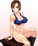  1girl 1girl abs alluring big_breasts bottomless breasts brown_eyes brown_hair cleavage female_abs fit_female kazama_asuka naked_from_the_waist_down namco school_desk sitting sitting_on_desk socks sports_bra tekken thick_thighs thighs tomliat 