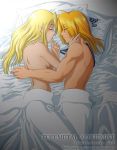  1boy 1girl aftersex antenna_hair arm arms art back bare_back bare_shoulders bed bed_sheet blonde_hair breasts closed_eyes couple covering edward_elric face-to-face fullmetal_alchemist hugging long_hair love lying muscle naked_sheet nude nude_cover on_side pillow sideboob sleeping tagme topless under_covers winry_rockbell 