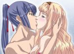  1boy 1girl alto_saotome artist_request bare_shoulders blonde_hair blue_eyes blue_hair breasts couple eye_contact hairband hugging kissing lips lipstick long_hair love macross macross_frontier nipples nude ponytail saotome_alto sheryl_nome sideboob sweat sweatdrop topless 