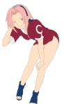 1girl bent_over breasts cleavage closed_mouth dress female_only green_eyes hand_in_hair hand_on_knee headband naruto ninja no_pants one_arm_up one_eye_closed pink_hair red_dress sakura_haruno shoes short_hair simple_background smile smirk solo solo_female transparent_background wink zipper