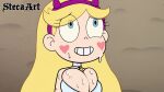  1girl 1girl 1girl bean_smile blonde_female blonde_hair blue_eyes cleavage collar cum cum_on_breasts cum_on_face disney disney_channel edit female_only hairband heart_cheeks horns_hairband light_skin long_hair looking_up smile solo_female star_butterfly star_vs_the_forces_of_evil steca thelazyart tight_clothing 