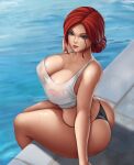  1girl beautiful_body beautiful_female bikini_bottom breasts cleavage flowerxl freckles green_eyes huge_breasts nipples_visible_through_clothing panties pool poolside red_hair see-through_clothes the_witcher thick_thighs triss_merigold wasp_waist wet wet_clothes wet_shirt 
