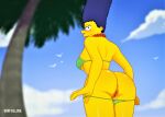  anus ass bikini blue_hair flashing marge_simpson pearls pussy_juice pussy_juice_drip shaved_pussy the_simpsons thighs yellow_skin 
