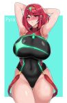 1girl arms_behind_head arms_up big_breasts blush breasts clothed clothed_female core_crystal drogod_(artist) earrings embarrassed female_focus female_only hair_ornament highleg_swimsuit hourglass_figure jewelry naughty_face nintendo one-piece_swimsuit pyra_(xenoblade) red_eyes red_hair short_hair solo_female solo_focus sweat swimsuit thick_thighs thigh_gap thighs tiara tight_clothing video_game_character video_game_franchise wide_hips xenoblade_(series) xenoblade_chronicles_2