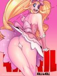 1girl ass big_hair blonde_hair blue_eyes bow cameltoe clothes darkereve darwin_nunez dress drill_hair earrings eyepatch female female_only hair_bow happy harime_nui highres hips jewelry kill_la_kill large_ass life_fiber long_hair looking_at_viewer looking_back panties pink_bow pussy round_ass slut smile solo solo_female strapless strapless_dress text twin_drills twin_tails underwear upskirt whore wide_hips wrist_cuffs