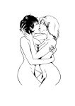  2_girls arm arms artist_request bare_shoulders breast_press breasts cleavage closed_eyes female french_kiss hands_on_head head_grab hugging monochrome multiple_girls nude open_mouth short_hair sketch symmetrical_docking yuri 