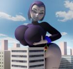  1girl 2022 3d big_breasts breast_hold breast_squish breasts building city clothed dc_comics demon_girl female female_only forehead_jewel giantess grey_body grey_skin holding holding_breasts huge_breasts leotard looking_down macro purple_eyes purple_hair rachel_roth raven_(dc) solo_female teen_titans vanasmut 