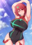 1girl big_breasts clothed clothed_female female_focus female_only heroine high_res nintendo nipples nipples_visible_through_clothing ponpo pyra red_eyes red_hair short_hair smile solo_female solo_focus swimsuit video_game_character video_game_franchise xenoblade_(series) xenoblade_chronicles_2