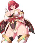 1girl big_breasts blush bob_cut boots breasts clothed clothed_female female_focus female_only gloves high_res huge_breasts leotard ponpo pyra_(xenoblade) red_eyes red_hair short_hair solo_female solo_focus standing thick_thighs thighs video_game_character video_game_franchise white_background wide_hips xenoblade_(series) xenoblade_chronicles_2