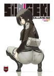  1girl ass attack_on_titan big_ass black_eyes black_hair bolero boots cropped_jacket female jacket jeans looking_back mikasa_ackerman namaniku_atk open_clothes open_jacket open_mouth pantylines short_hair simple_background solo squatting white_background 