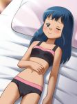  1girl alluring blue_hair bra dawn on_bed panties pokemon underwear 