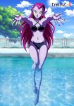 1girl belly bikini breasts cocotte dragon_ball_super earrings feet green_eyes hands irminzull long_hair navel open_mouth pink_hair pointy_ears swimming_pool swimsuit