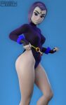  3d 3d_(artwork) ass big_ass biting_lip blender_(software) dc_comics goth goth_girl grey_skin hands_on_hips large_ass legs leotard leotard_pull looking_at_viewer looking_back pale-skinned_female purple_eyes purple_hair rachel_roth raven_(dc) smitty34 superheroine tagme teen_titans thick_ass thick_legs thick_thighs 