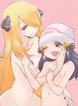  2girls :) :d ;d arm arms art artist_request bare_arms bare_shoulders beanie big_breasts blonde_hair blue_eyes blue_hair breasts closed_mouth couple cynthia dawn grey_eyes hair_ornament hair_over_one_eye happy hugging laughing long_hair looking_at_another love mutual_yuri nail_polish navel neck nintendo nipples nude one_eye_closed open_mouth pink_background pokemon pokemon_(anime) pokemon_(game) pokemon_dppt shirona_(pokemon) small_breasts smile very_long_hair wince yuri 