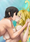  1boy 1girl against_wall bare_shoulders black_hair blonde_hair blush breast_on_chest breast_press breasts cholesenel closed_eyes couple hair hand_holding interlocked_fingers jewelry jude_mathis kiss kissing large_breasts long_hair love milla_maxwell necklace nude short_hair tales_of_(series) tales_of_xillia topless 