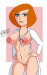 ann_possible big_breasts biting_lip erect_nipples hands_on_hips kim_possible lab_coat large_areolae shaved_pussy thighs 