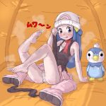  1girl bare_arms barefoot blue_eyes blue_hair blush boots boots_removed clothed creatures_(company) dawn_(pokemon) female female_human game_freak hat hikari_(pokemon) human humans_of_pokemon long_blue_hair long_hair looking_at_viewer nintendo panties piplup pokemon pokemon_(anime) pokemon_(game) pokemon_black_and_white pokemon_bw pokemon_dppt sitting skirt sleeveless upskirt 