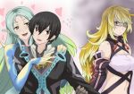  1_boy 2girls angry aqua_hair arm_grab bare_shoulders big_breasts black_hair blonde_hair blush breasts brown_eyes cholesenel coat from_behind gloves green_eyes hair heart hug_from_behind hugging jealous jude_mathis long_hair milla_maxwell multiple_girls muse_(tales_of_xillia) naughty_face navel nervous open_mouth pointy_ears purple_eyes short_hair shy tales_of_(series) tales_of_xillia 