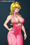  1girl bare_arms big_breasts blonde blonde_hair blue_eyes breasts cleavage clothed crown dress earrings female female_only long_blonde_hair long_hair looking_at_viewer pink_dress princess_peach r3ydart royalty sleeveless sleeveless_dress solo_female standing super_mario_bros. 